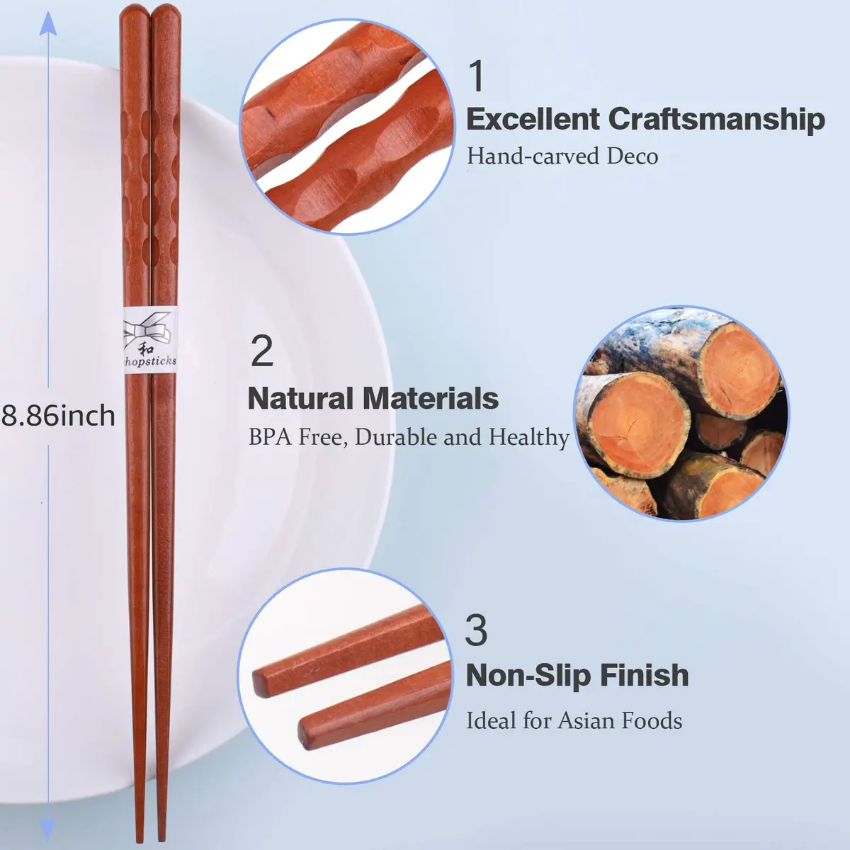GLAMFIELDS Natural Wooden Japanese Chopsticks 22.5cm (8.8 Inch) 5-Pair Gift Set | Hand-Carved for Easy Grip - view 3
