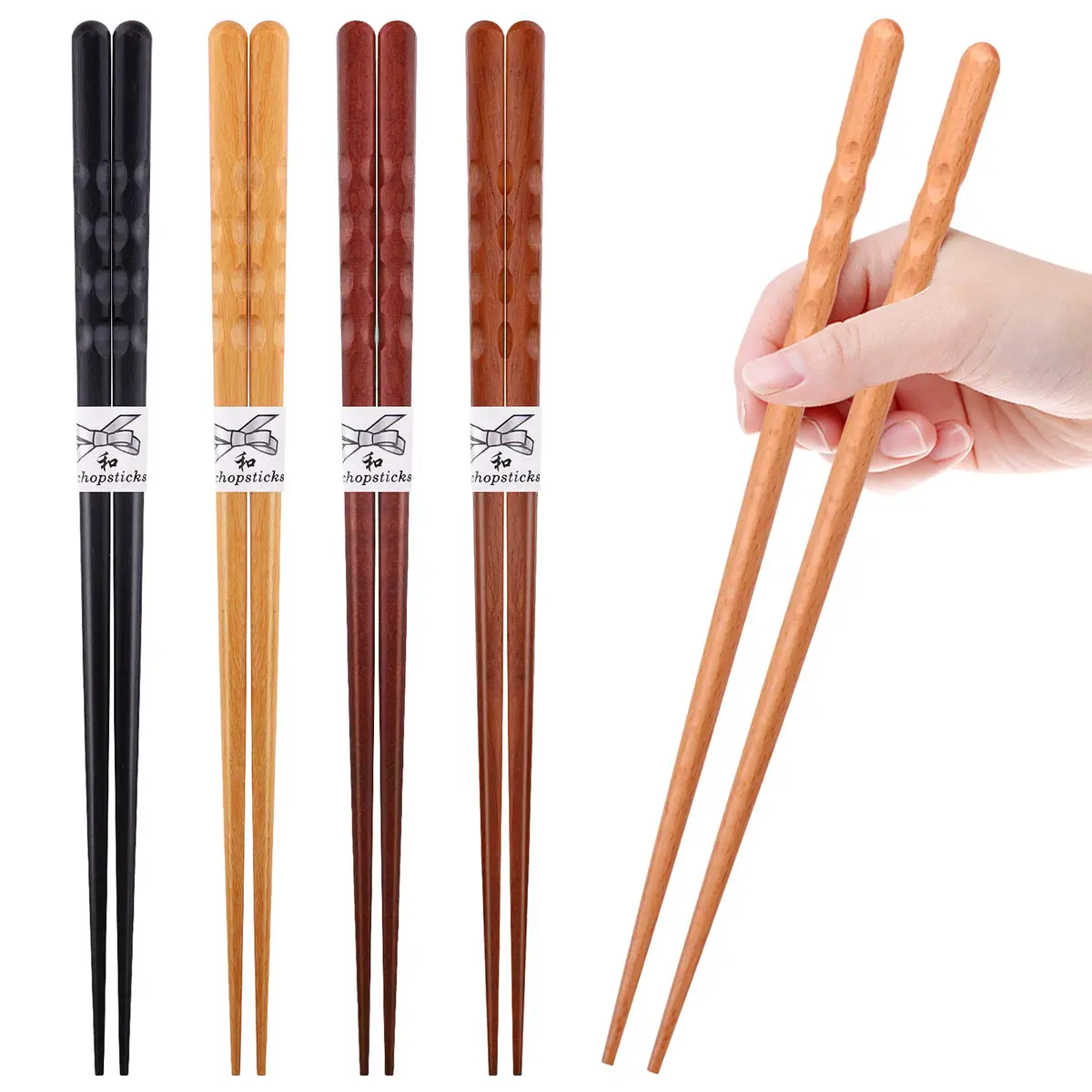 GLAMFIELDS Natural Wooden Japanese Chopsticks 22.5cm (8.8 Inch) 5-Pair Gift Set | Hand-Carved for Easy Grip - view 4