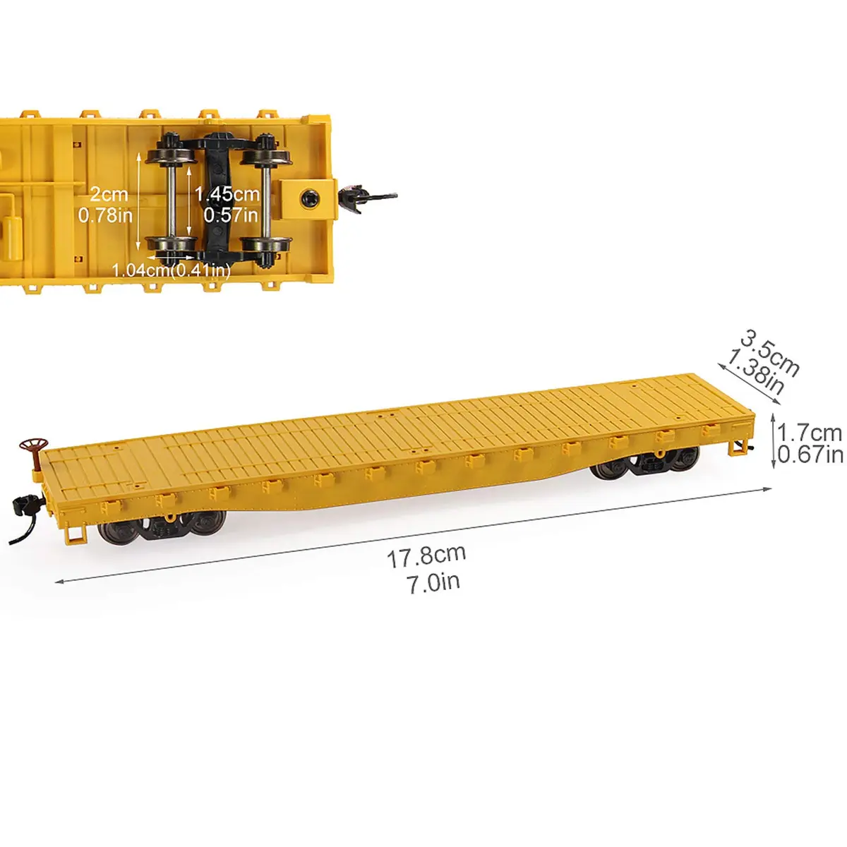 Evemodel 2pcs HO Scale 52' Flat Car Flatbed Transporter Model Train Container Carriage (Yellow) | 87 Scale Freight Car - view 6