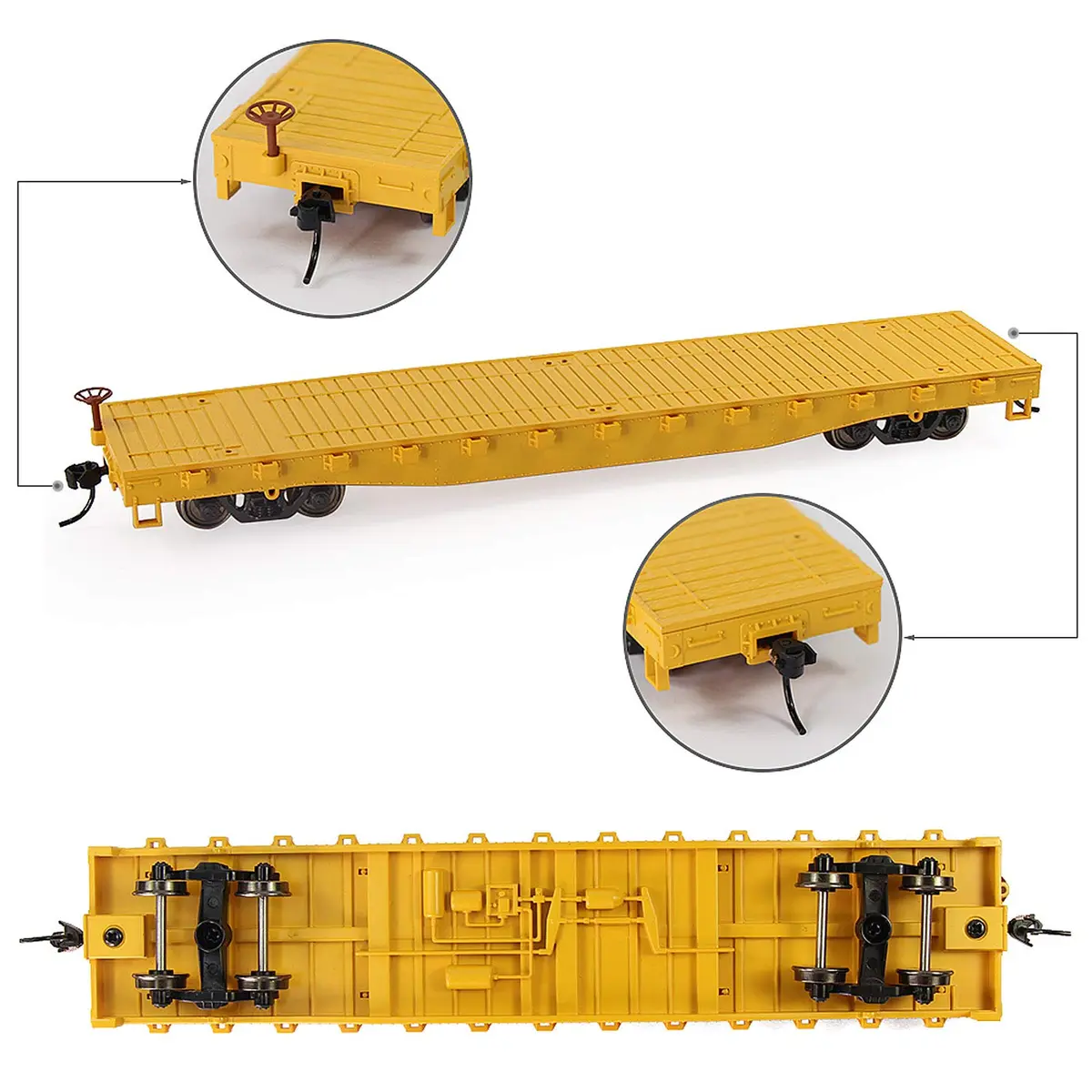 Evemodel 2pcs HO Scale 52' Flat Car Flatbed Transporter Model Train Container Carriage (Yellow) | 87 Scale Freight Car - view 4