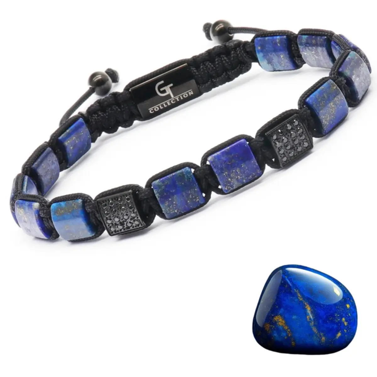GT collection Men's Flat Bead Natural Gemstone Bracelet, Blue Lapis Lazuli | Handmade, Adjustable, 7.2-9 inch - main product image
