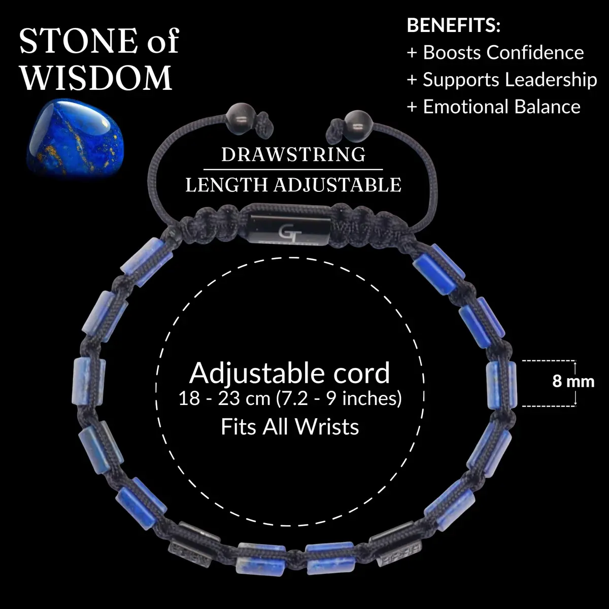 GT collection Men's Flat Bead Natural Gemstone Bracelet, Blue Lapis Lazuli | Handmade, Adjustable, 7.2-9 inch - view 5