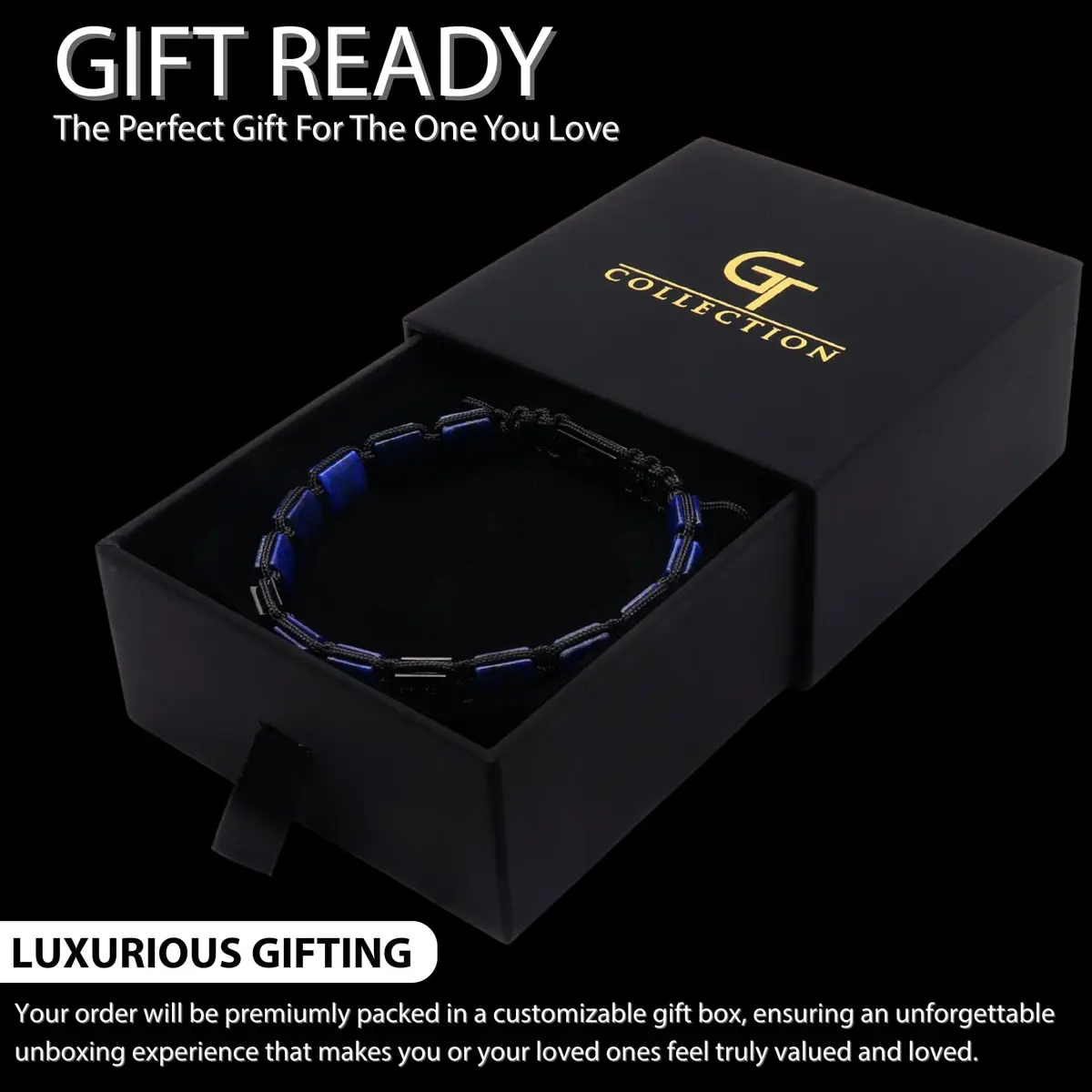 GT collection Men's Flat Bead Natural Gemstone Bracelet, Blue Lapis Lazuli | Handmade, Adjustable, 7.2-9 inch - view 6