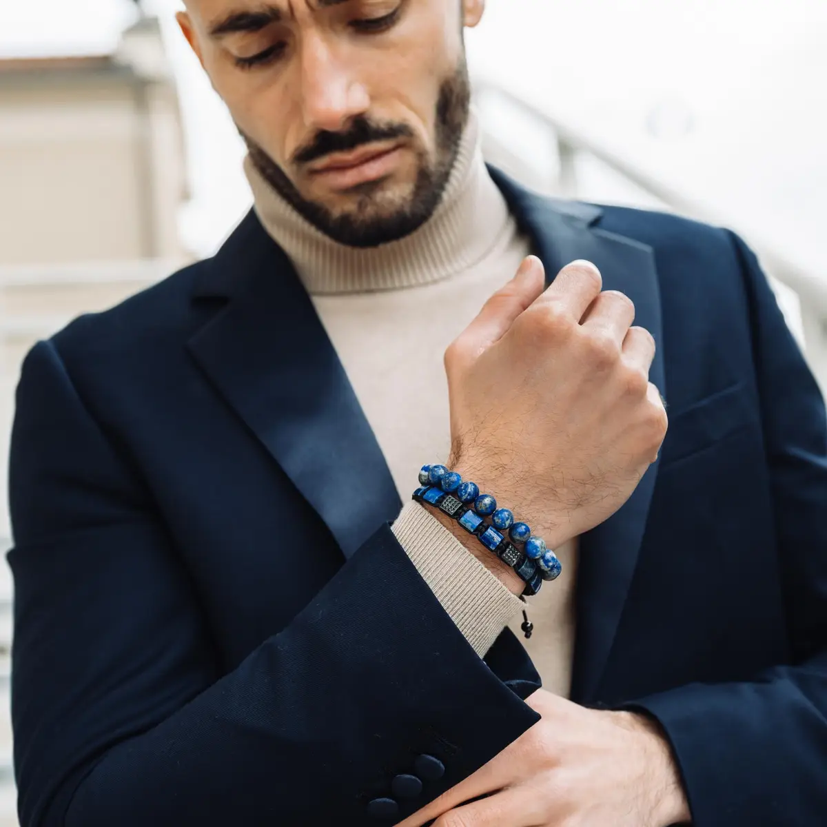 GT collection Men's Flat Bead Natural Gemstone Bracelet, Blue Lapis Lazuli | Handmade, Adjustable, 7.2-9 inch - view 2