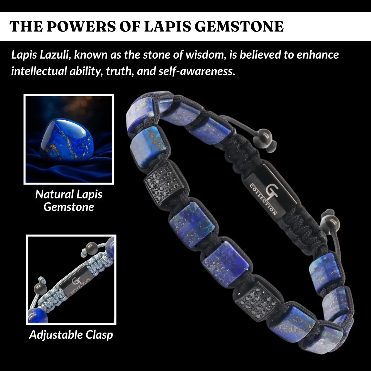 GT collection Men's Flat Bead Natural Gemstone Bracelet, Blue Lapis Lazuli | Handmade, Adjustable, 7.2-9 inch - view 3