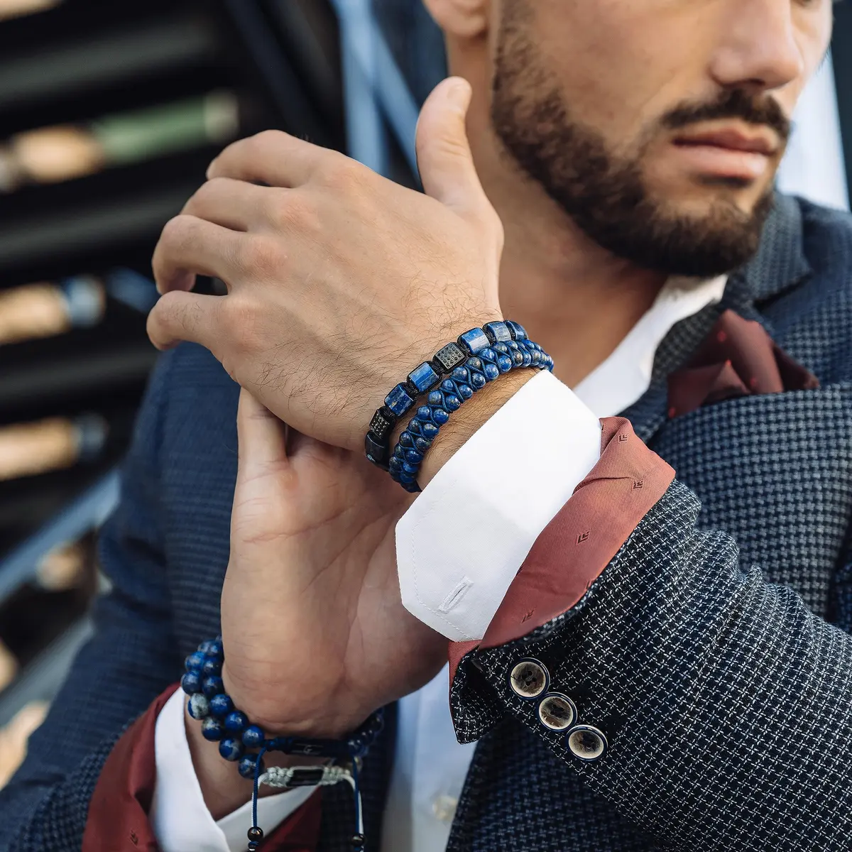 GT collection Men's Flat Bead Natural Gemstone Bracelet, Blue Lapis Lazuli | Handmade, Adjustable, 7.2-9 inch - view 4