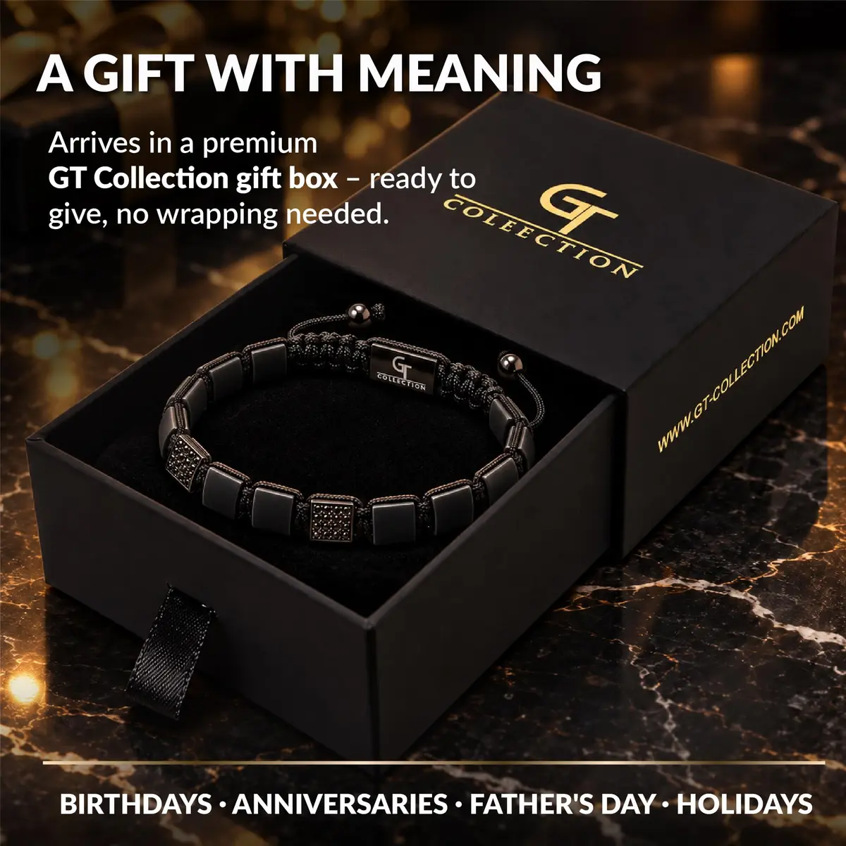 GT collection Men's Flat Bead Natural Gemstone Bracelet, Black Matte Onyx | Adjustable Energy & Grounding Accessory - view 5