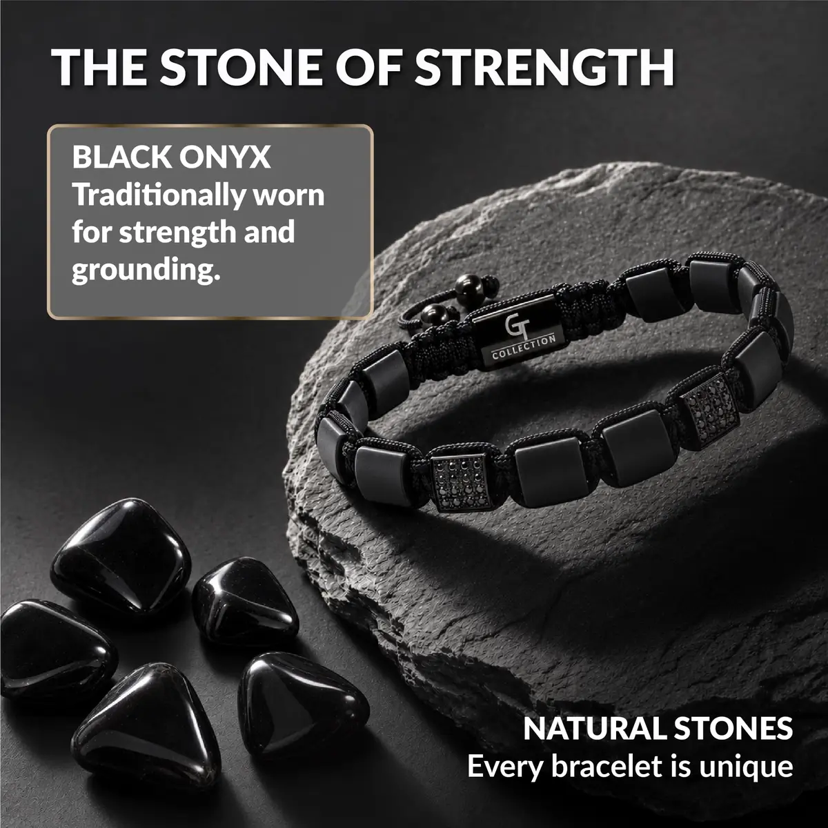 GT collection Men's Flat Bead Natural Gemstone Bracelet, Black Matte Onyx | Adjustable Energy & Grounding Accessory - view 6