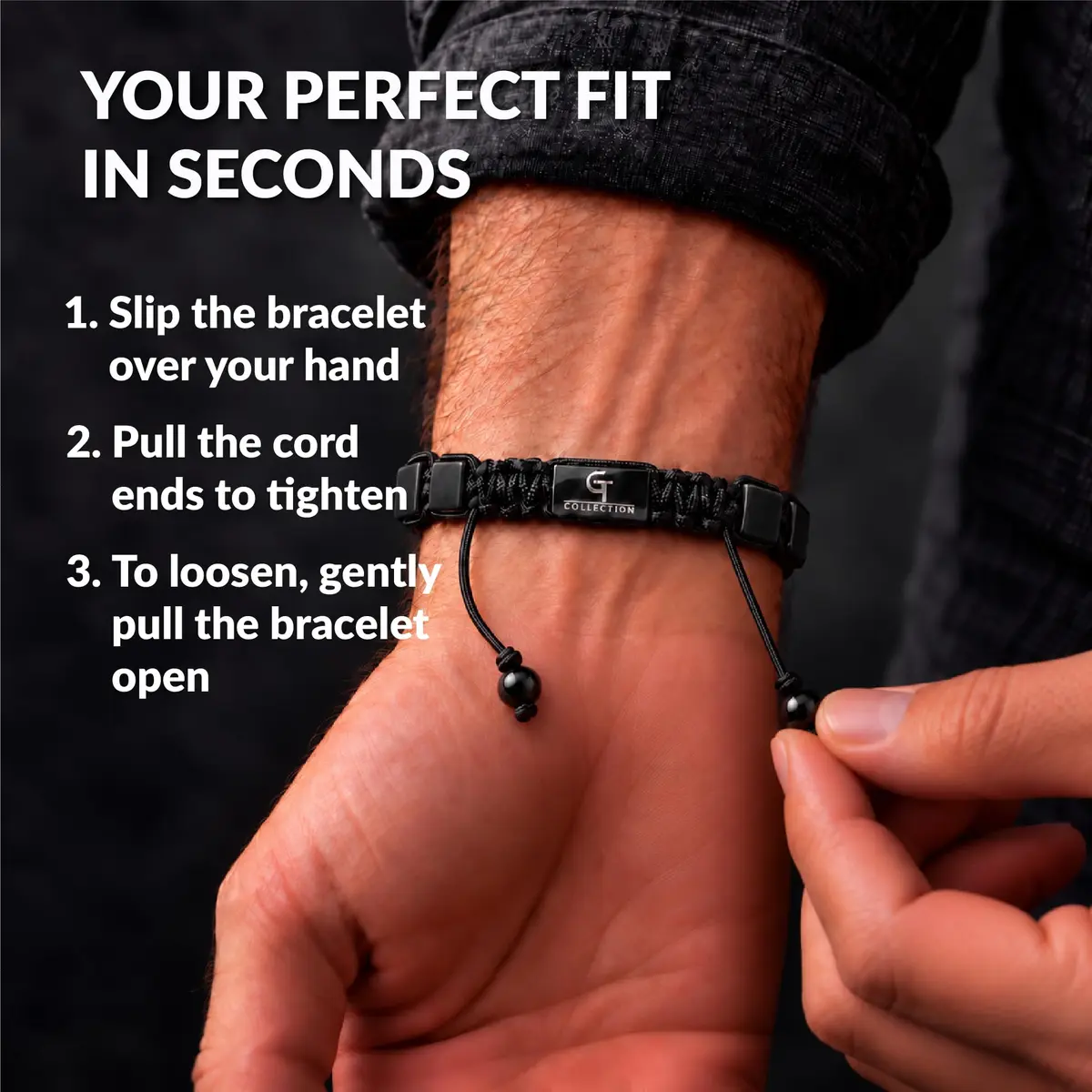 GT collection Men's Flat Bead Natural Gemstone Bracelet, Black Matte Onyx | Adjustable Energy & Grounding Accessory - view 7