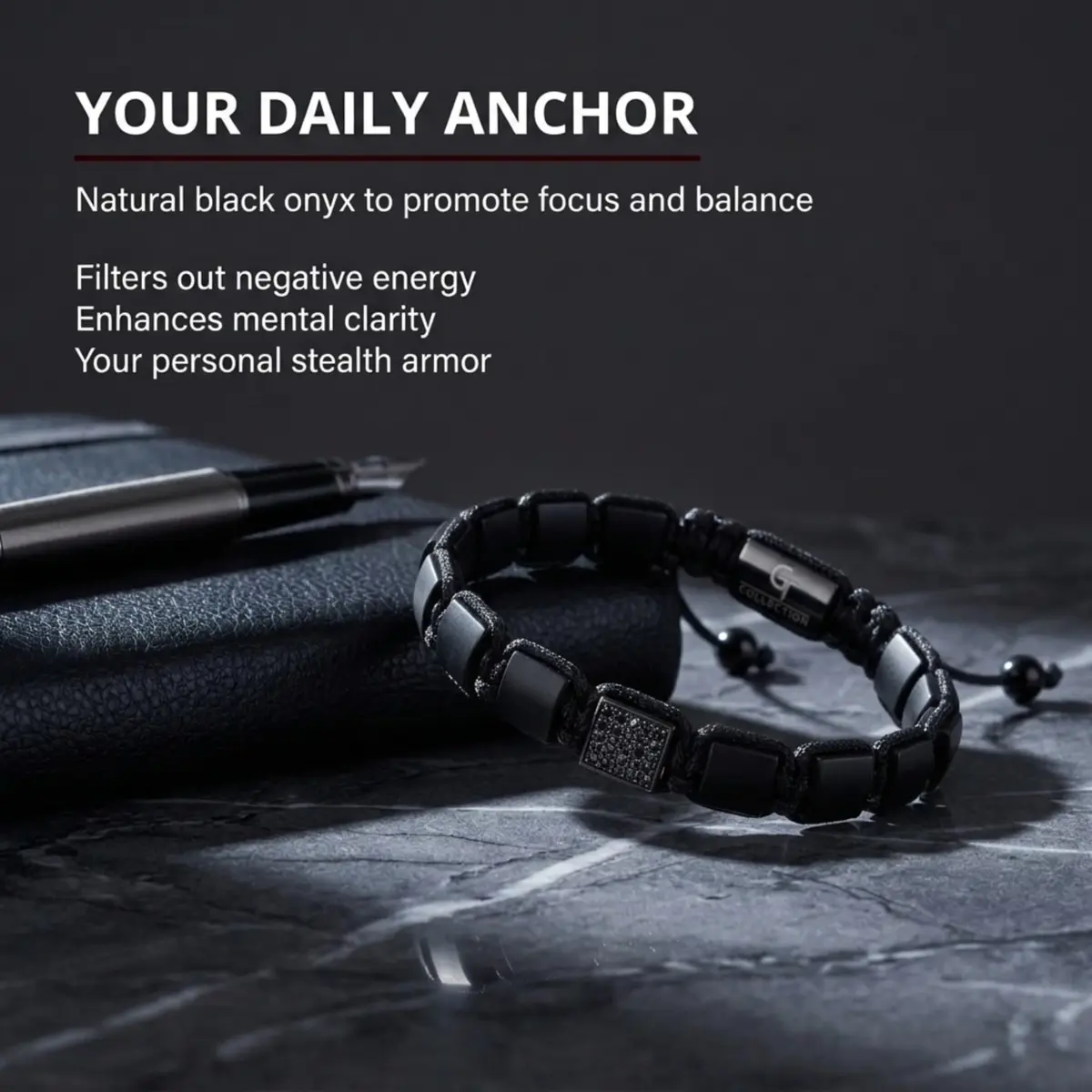 GT collection Men's Flat Bead Natural Gemstone Bracelet, Black Matte Onyx | Adjustable Energy & Grounding Accessory - view 8