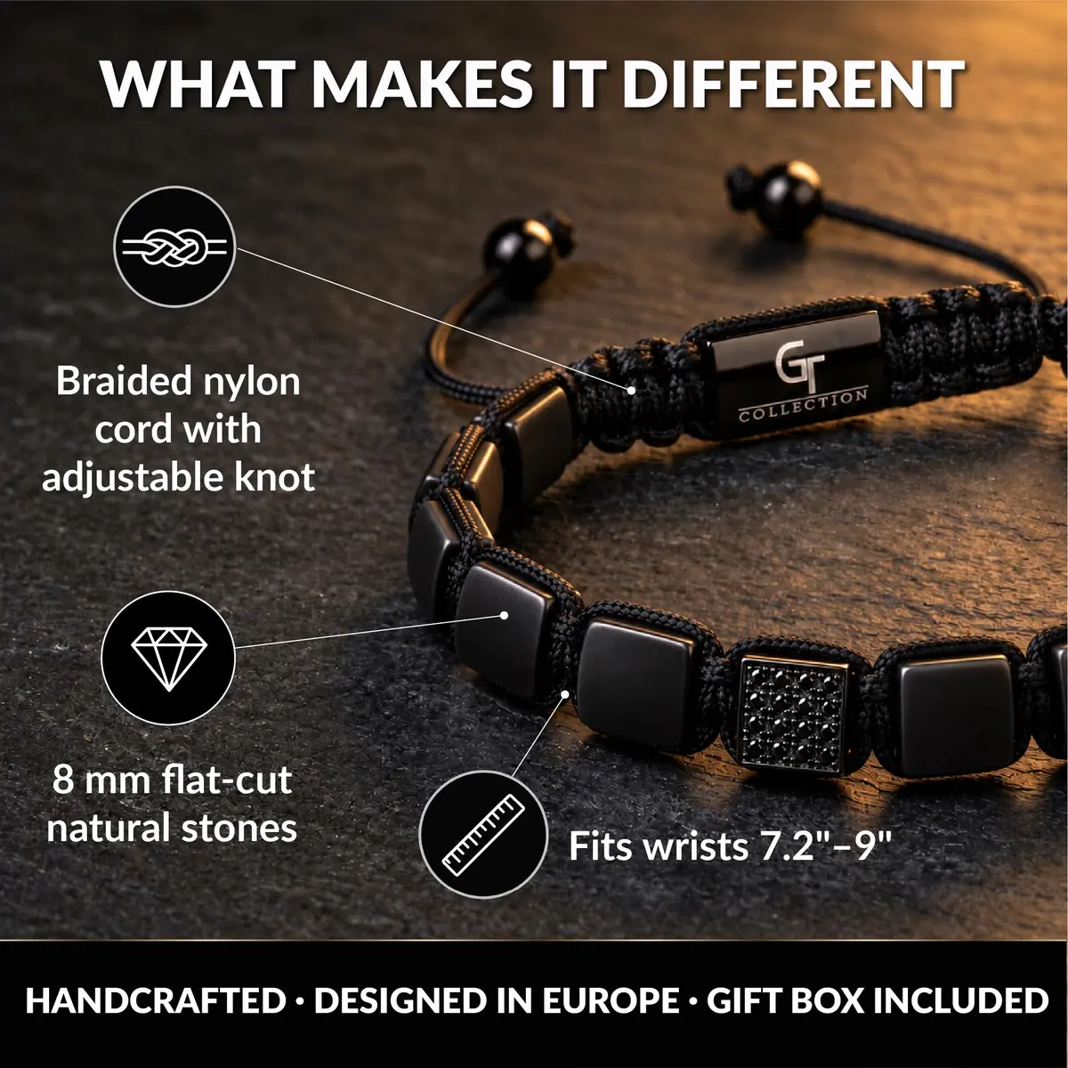 GT collection Men's Flat Bead Natural Gemstone Bracelet, Black Matte Onyx | Adjustable Energy & Grounding Accessory - view 3