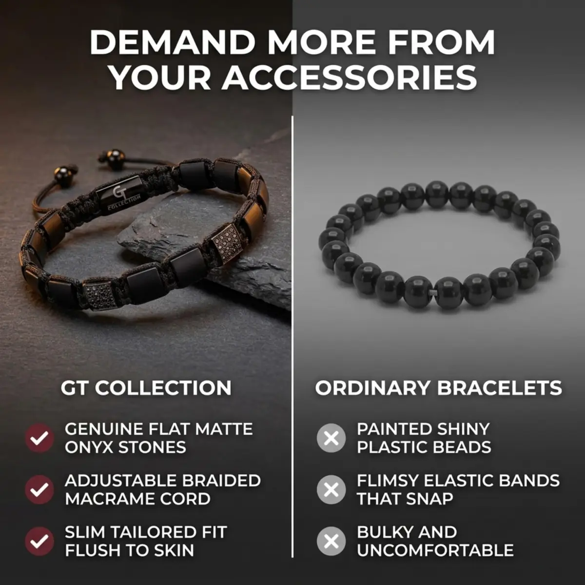 GT collection Men's Flat Bead Natural Gemstone Bracelet, Black Matte Onyx | Adjustable Energy & Grounding Accessory - view 4