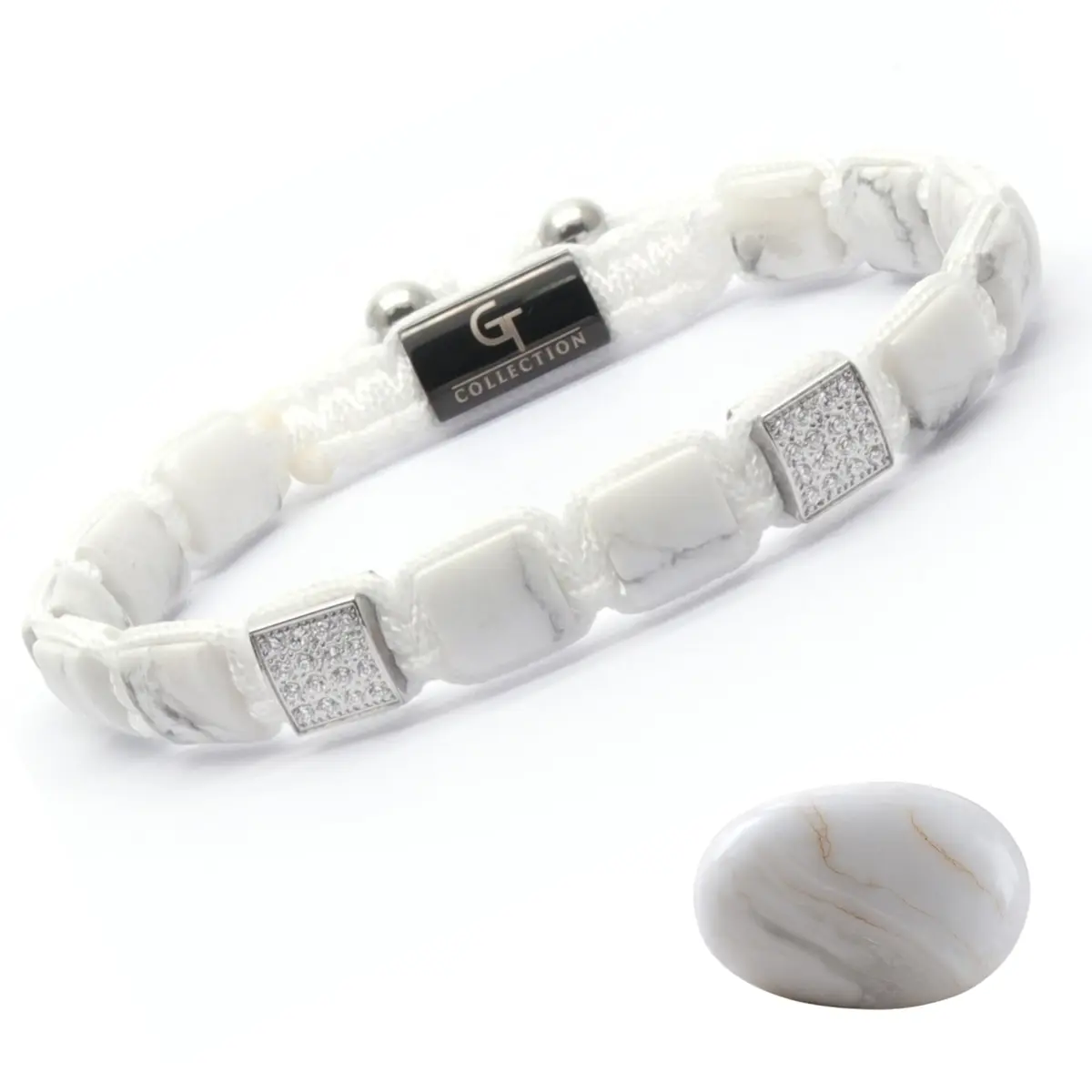 GT collection Men's Flat Bead Natural Gemstone Bracelet, White Howlite | Adjustable Energy & Calmness - main product image
