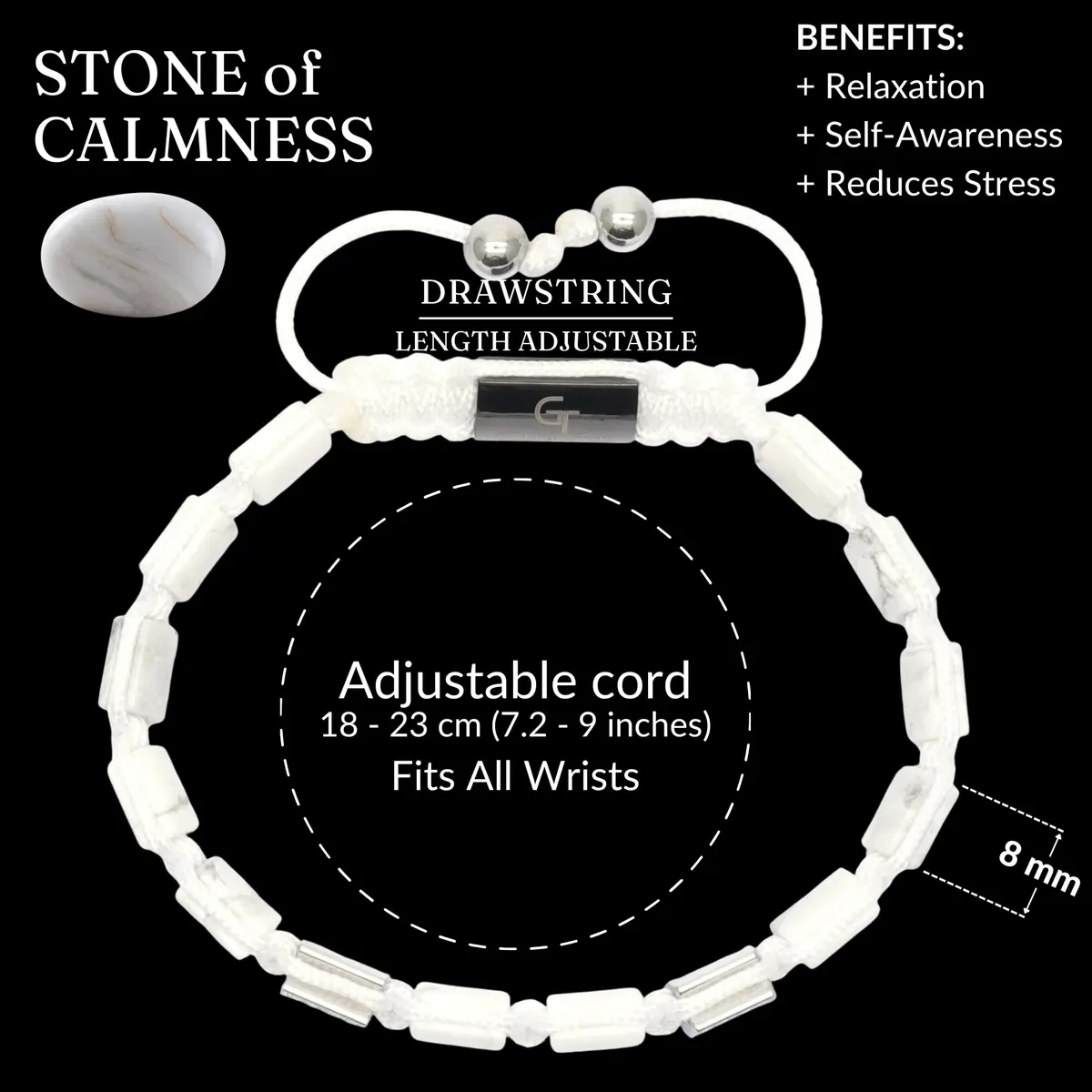 GT collection Men's Flat Bead Natural Gemstone Bracelet, White Howlite | Adjustable Energy & Calmness - view 5