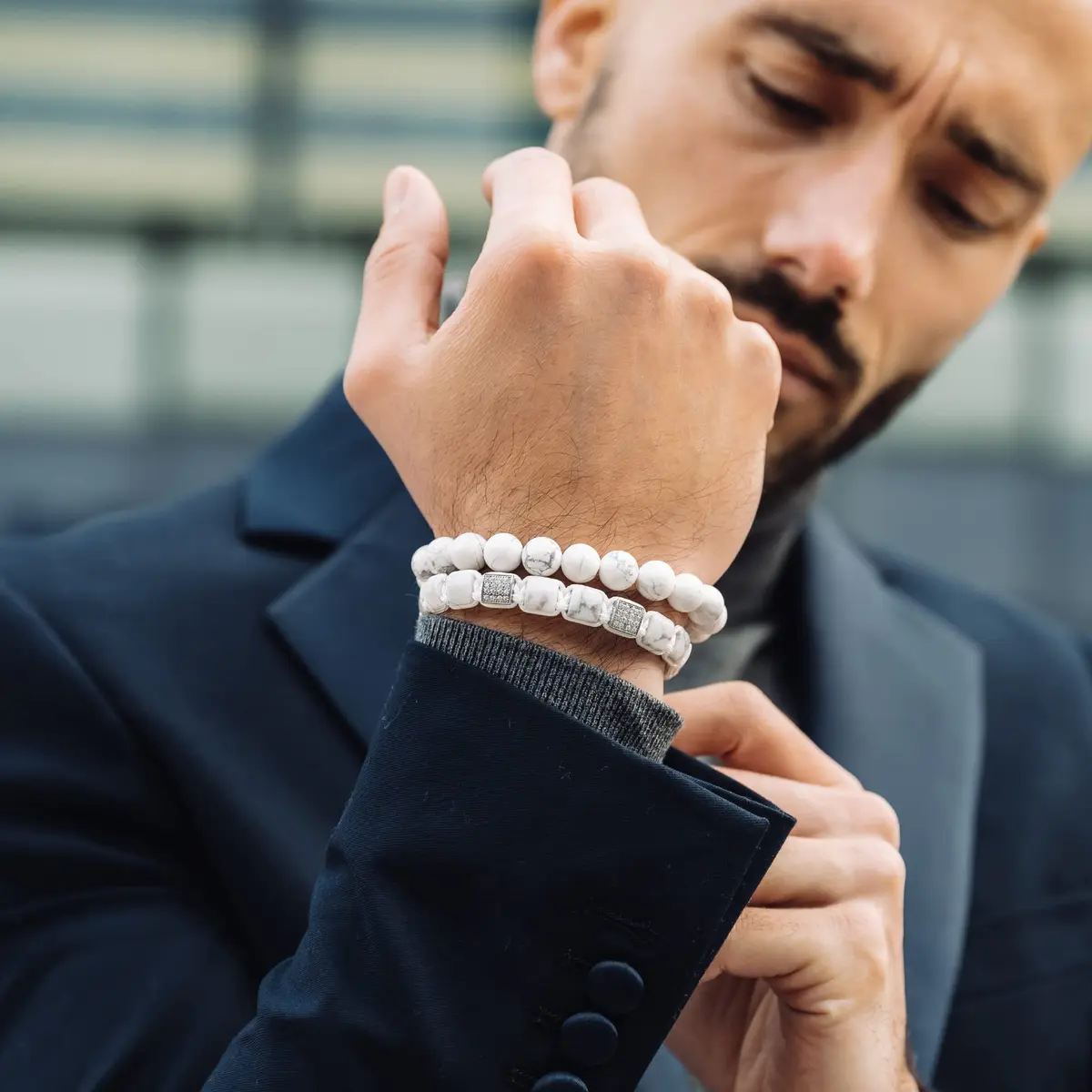 GT collection Men's Flat Bead Natural Gemstone Bracelet, White Howlite | Adjustable Energy & Calmness - view 2