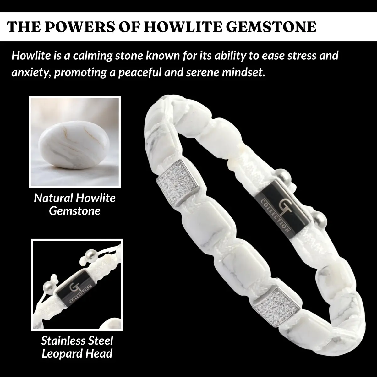 GT collection Men's Flat Bead Natural Gemstone Bracelet, White Howlite | Adjustable Energy & Calmness - view 3