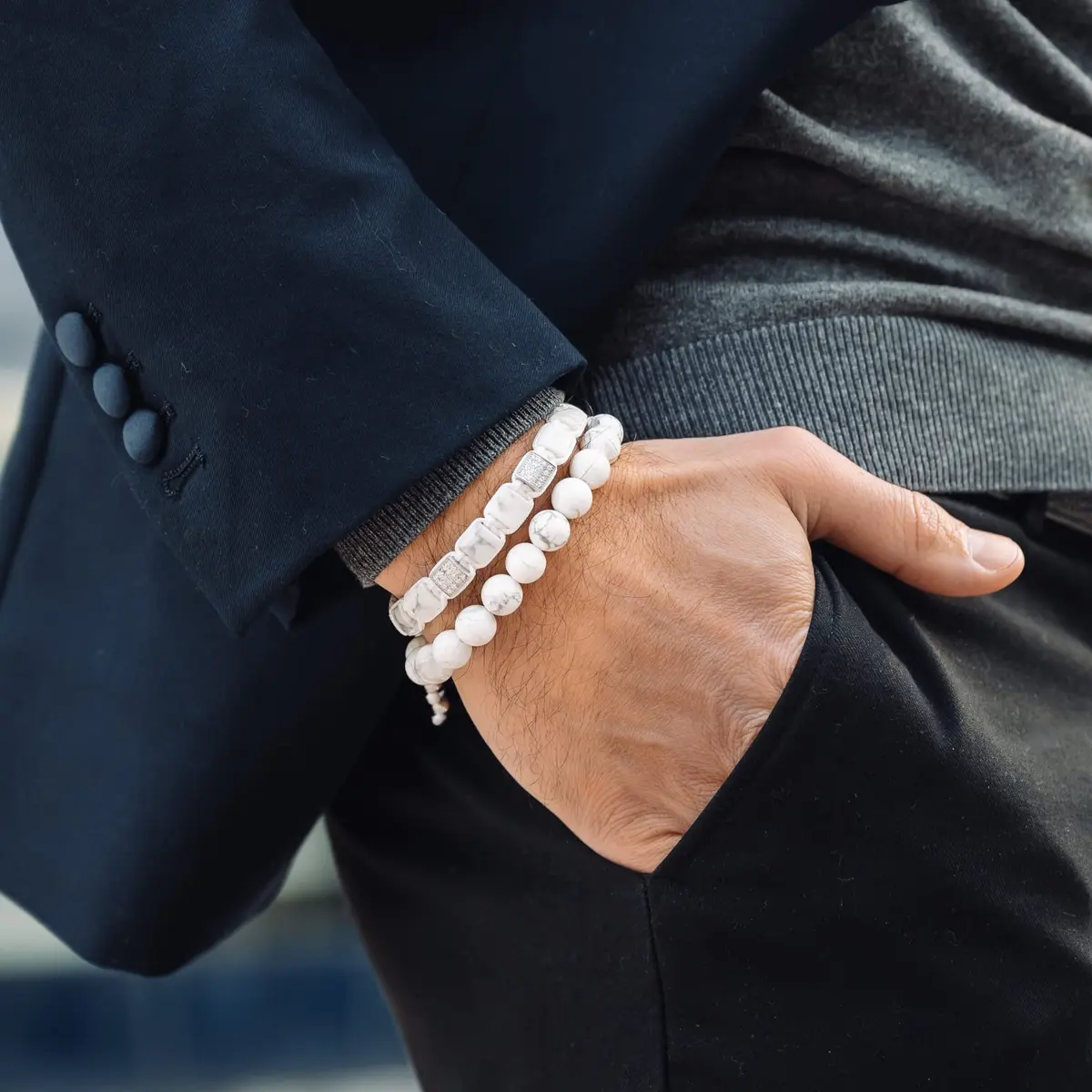 GT collection Men's Flat Bead Natural Gemstone Bracelet, White Howlite | Adjustable Energy & Calmness - view 4