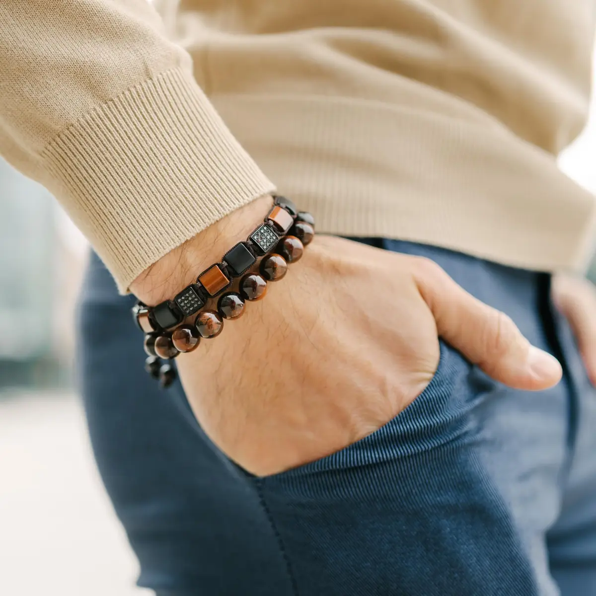 GT collection Men's Flat Bead Natural Gemstone Bracelet, Red Tiger Eye | Handmade, Adjustable, Energy & Style - view 4