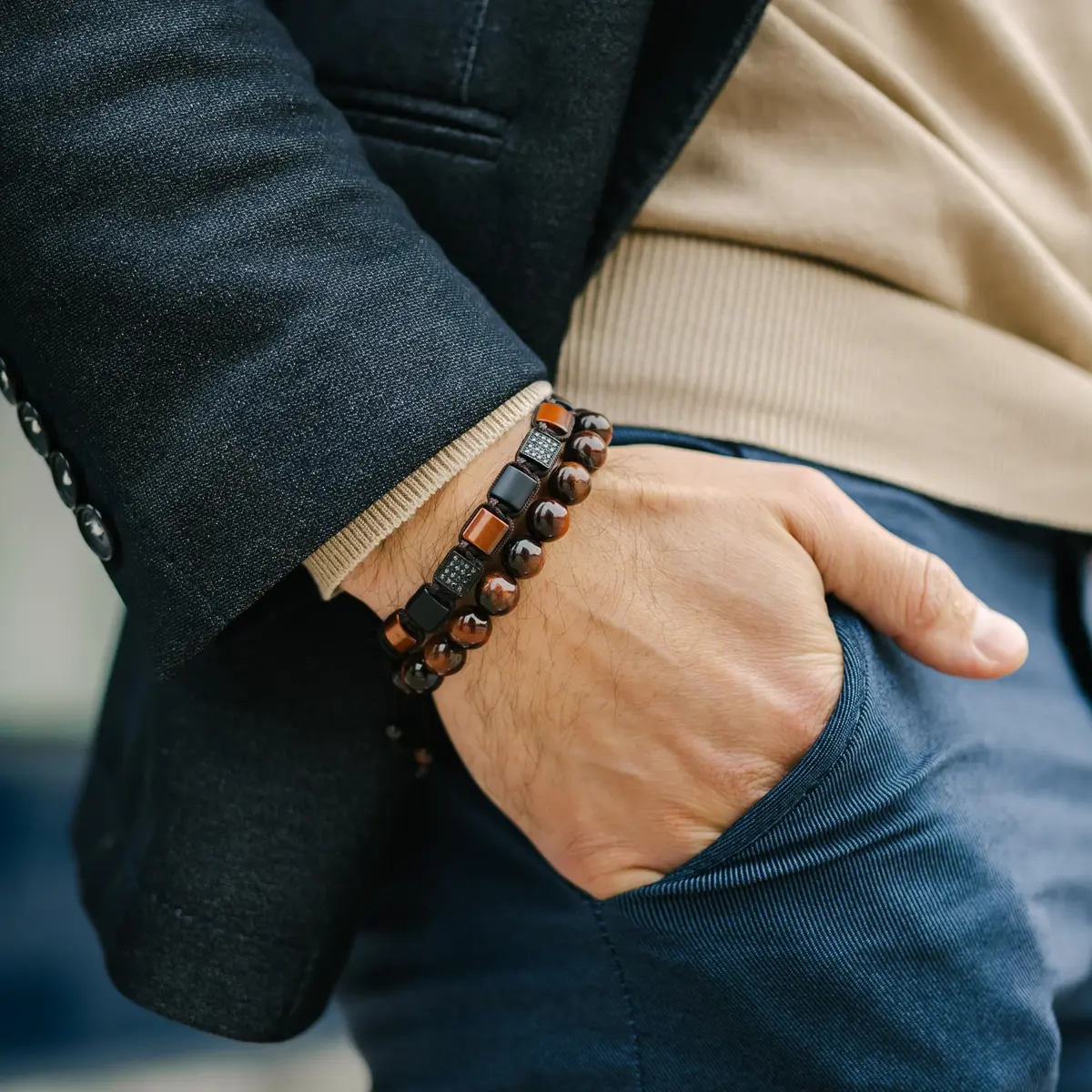 GT collection Men's Flat Bead Natural Gemstone Bracelet, Red Tiger Eye | Handmade, Adjustable, Energy & Style - view 6