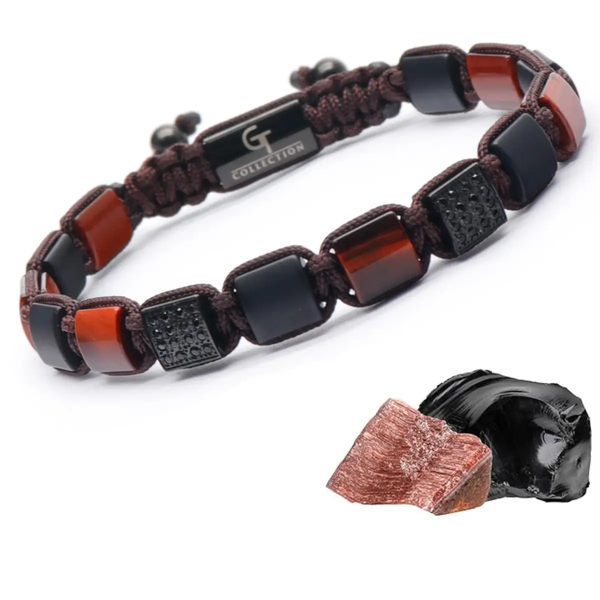 GT collection Men's Flat Bead Natural Gemstone Bracelet, Red Tiger Eye | Handmade, Adjustable, Energy & Style - main product image