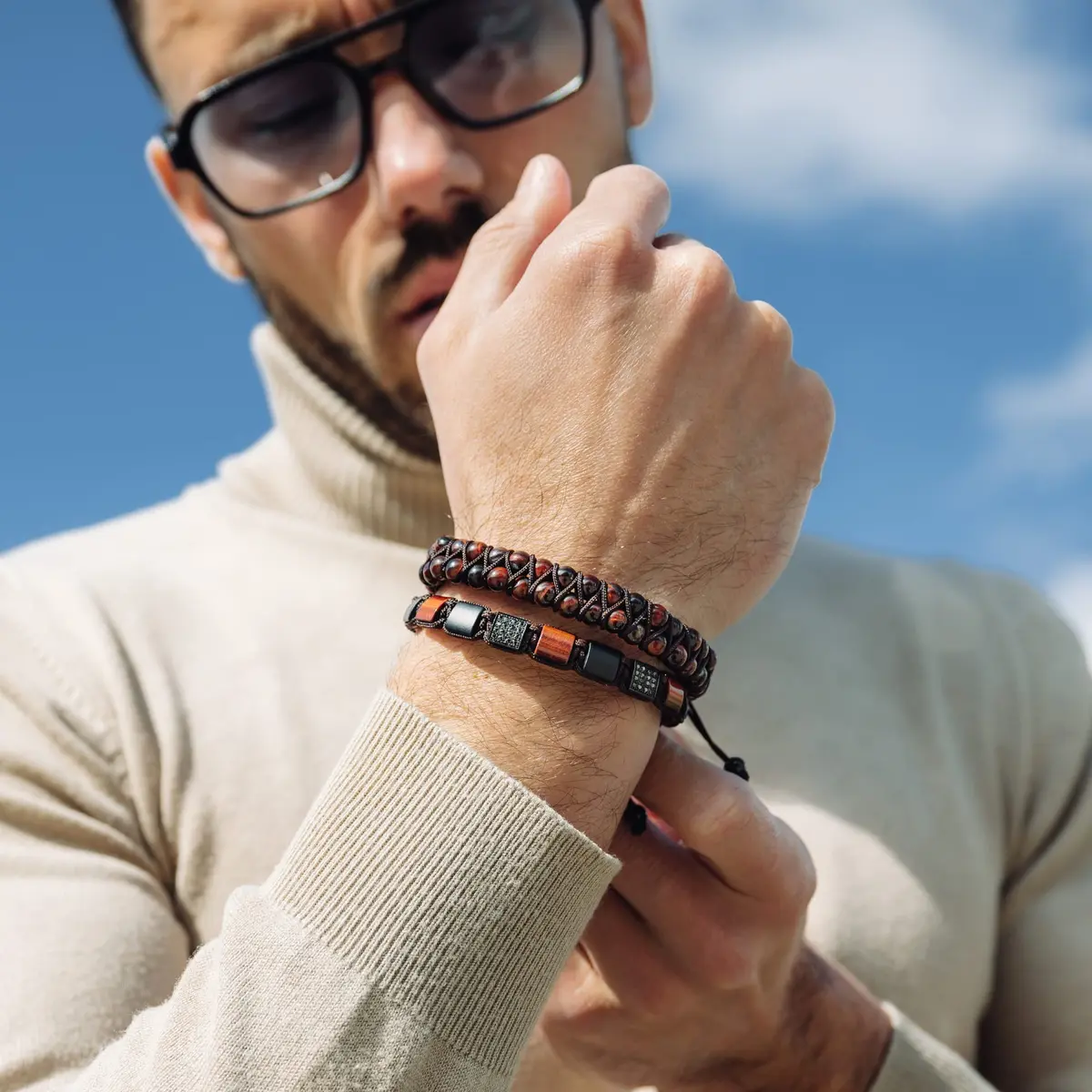 GT collection Men's Flat Bead Natural Gemstone Bracelet, Red Tiger Eye | Handmade, Adjustable, Energy & Style - view 2