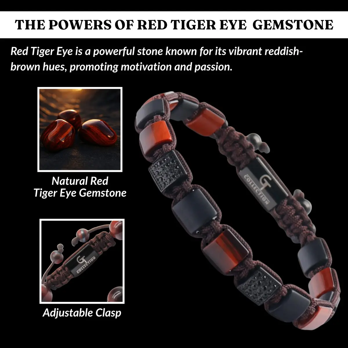 GT collection Men's Flat Bead Natural Gemstone Bracelet, Red Tiger Eye | Handmade, Adjustable, Energy & Style - view 3