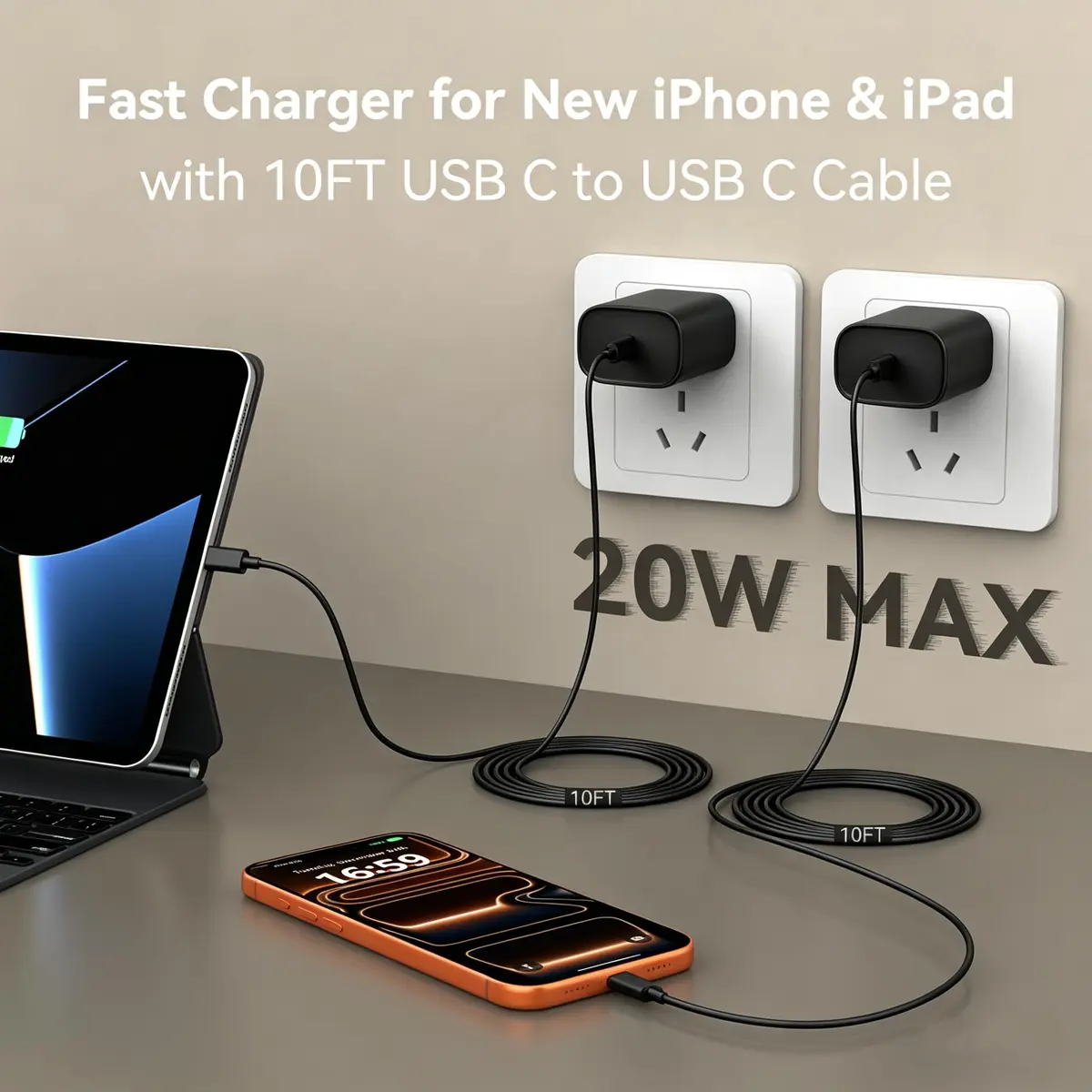 Ubearkk Phone 17 16 15 Charger Fast Charging | 20W USB C Wall Adapter with 10FT Cable - view 3