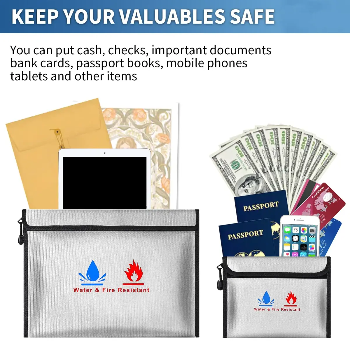 ABSOK Fire-Resistant Document Pouches Set 38cm x 28cm (15"x11") & 18cm x 8cm (9"x7") | Protect Valuables Up to 2000°F - view 5