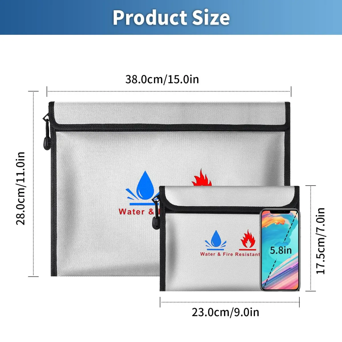 ABSOK Fire-Resistant Document Pouches Set 38cm x 28cm (15"x11") & 18cm x 8cm (9"x7") | Protect Valuables Up to 2000°F - view 2