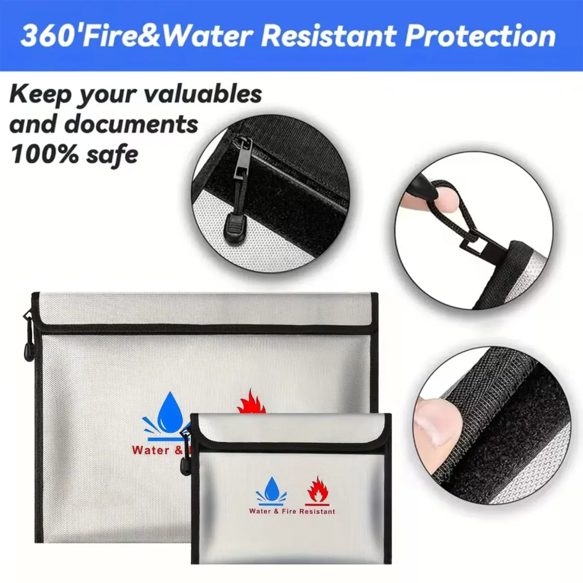 ABSOK Fire-Resistant Document Pouches Set 38cm x 28cm (15"x11") & 18cm x 8cm (9"x7") | Protect Valuables Up to 2000°F - view 3