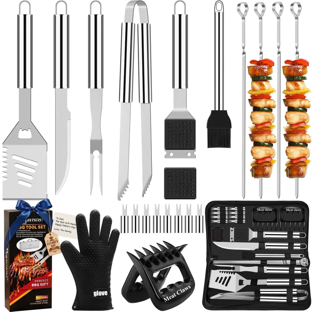 ROMANTICIST 23pcs Heavy Duty Grilling Tools Set Silver | Stainless Steel BBQ Accessories Kit with Meat Claws & Canvas Bag - main product image