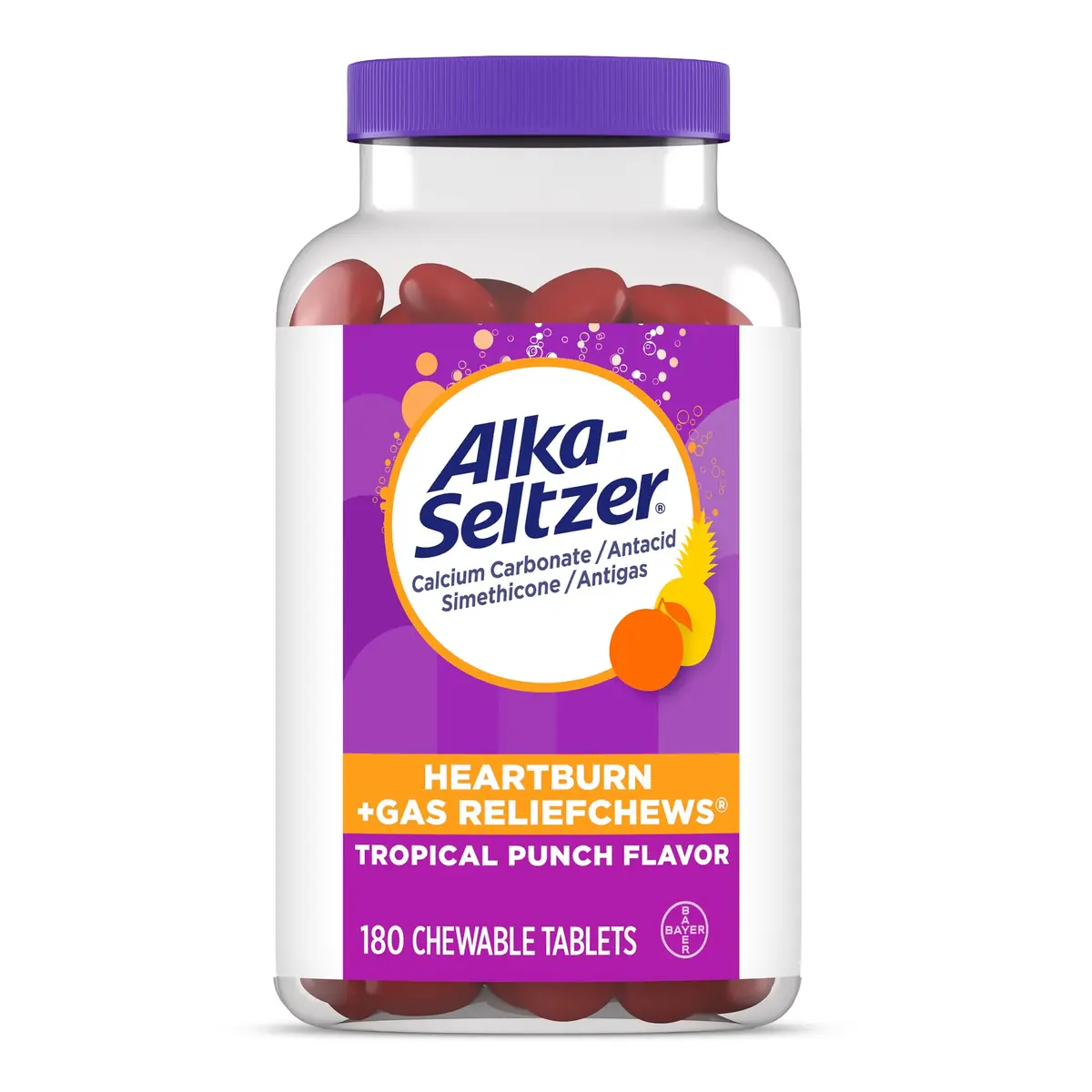 Alka-Seltzer Heartburn + Gas ReliefChews Tropical Punch 180 Count (6.35 oz / 180 g) | Fast Relief for Heartburn, Gas, and Bloating - main product image