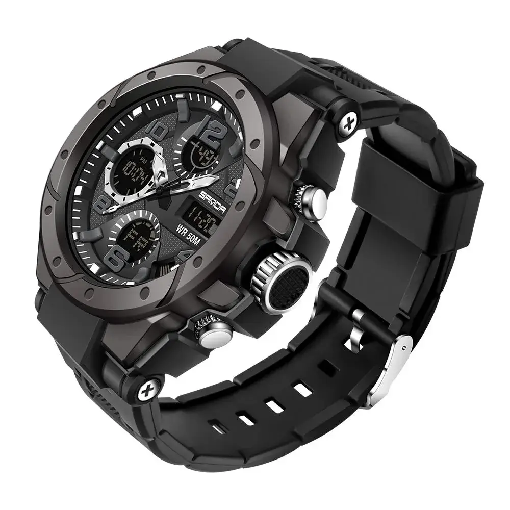 AIMES Men's B-Black Sport Watch 53mm Dual Time Zone Military Watch with LED Alarm & Stopwatch - main product image