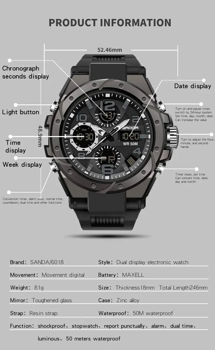 AIMES Men's Military Tactical Watch 53mm (2.1 inch) | Dual Time Zone Analog-Digital Display - view 5