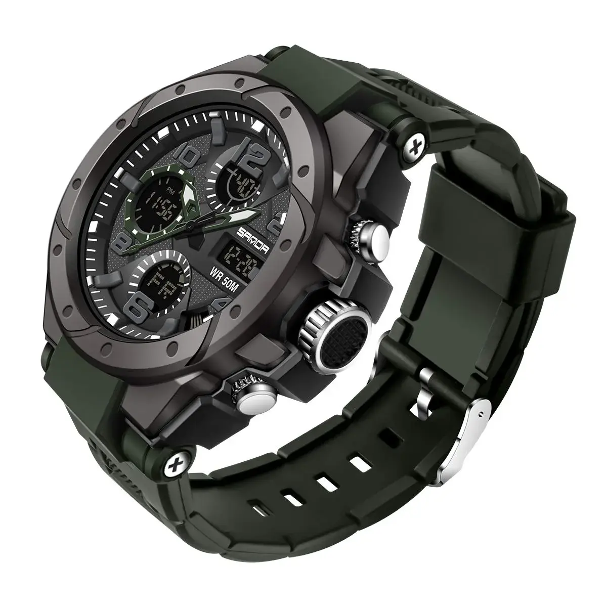 AIMES Men's B-Green Sport Watch 53mm Dual Time Military LED Alarm Stopwatch - main product image