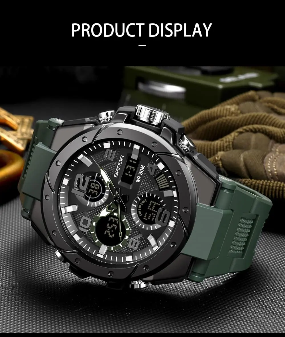 AIMES Military Waterproof Watch 53mm Green | Dual Time, Sport, Analog-Digital - view 6