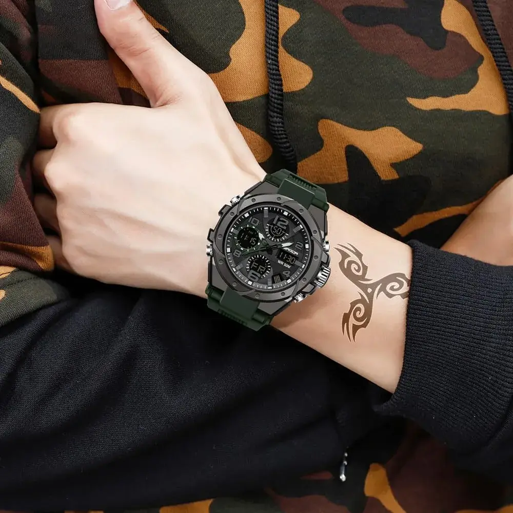 AIMES Men's B-Green Sport Watch 53mm Dual Time Military LED Alarm Stopwatch - view 3