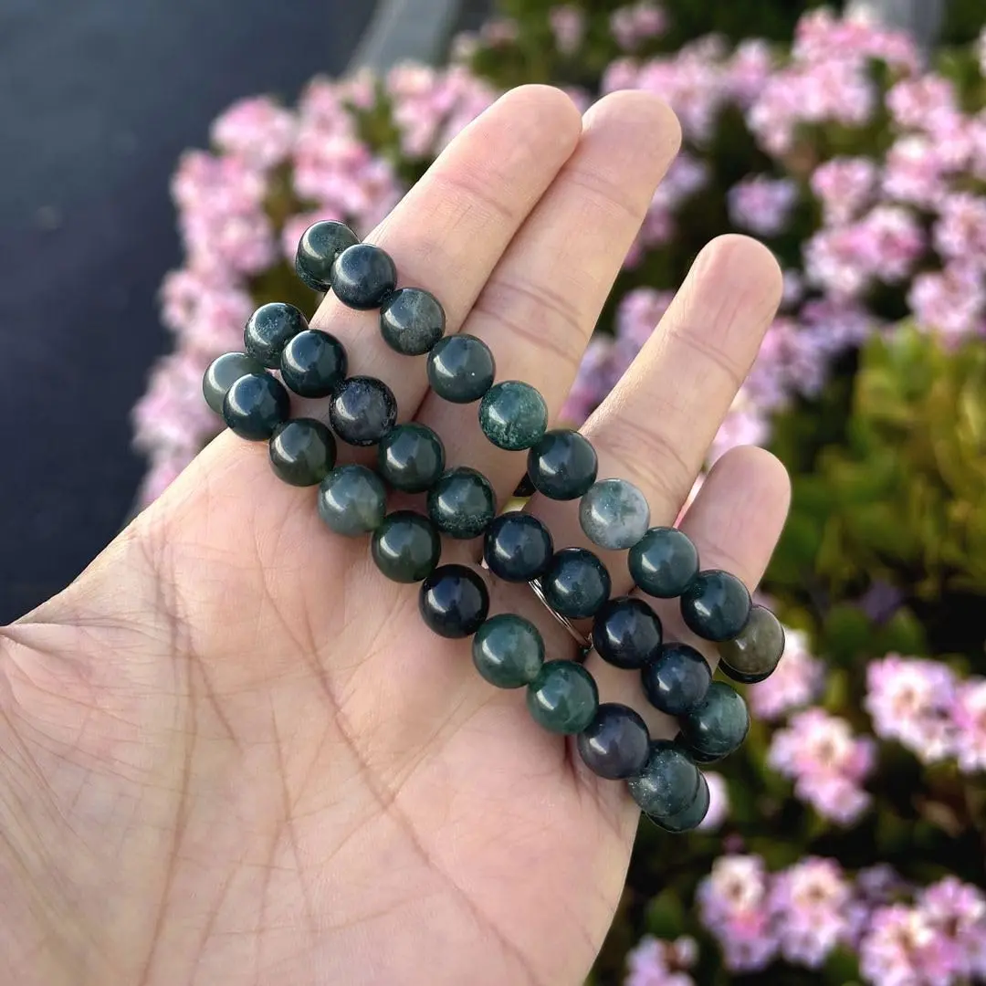Adabele Real Natural Moss Agate Gemstone Stretch Beaded Bracelet 8 Inch | Genuine Healing Chakra Stone - view 6