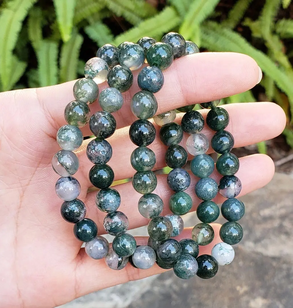 Adabele Real Natural Moss Agate Gemstone Stretch Beaded Bracelet 8 Inch | Genuine Healing Chakra Stone - view 2