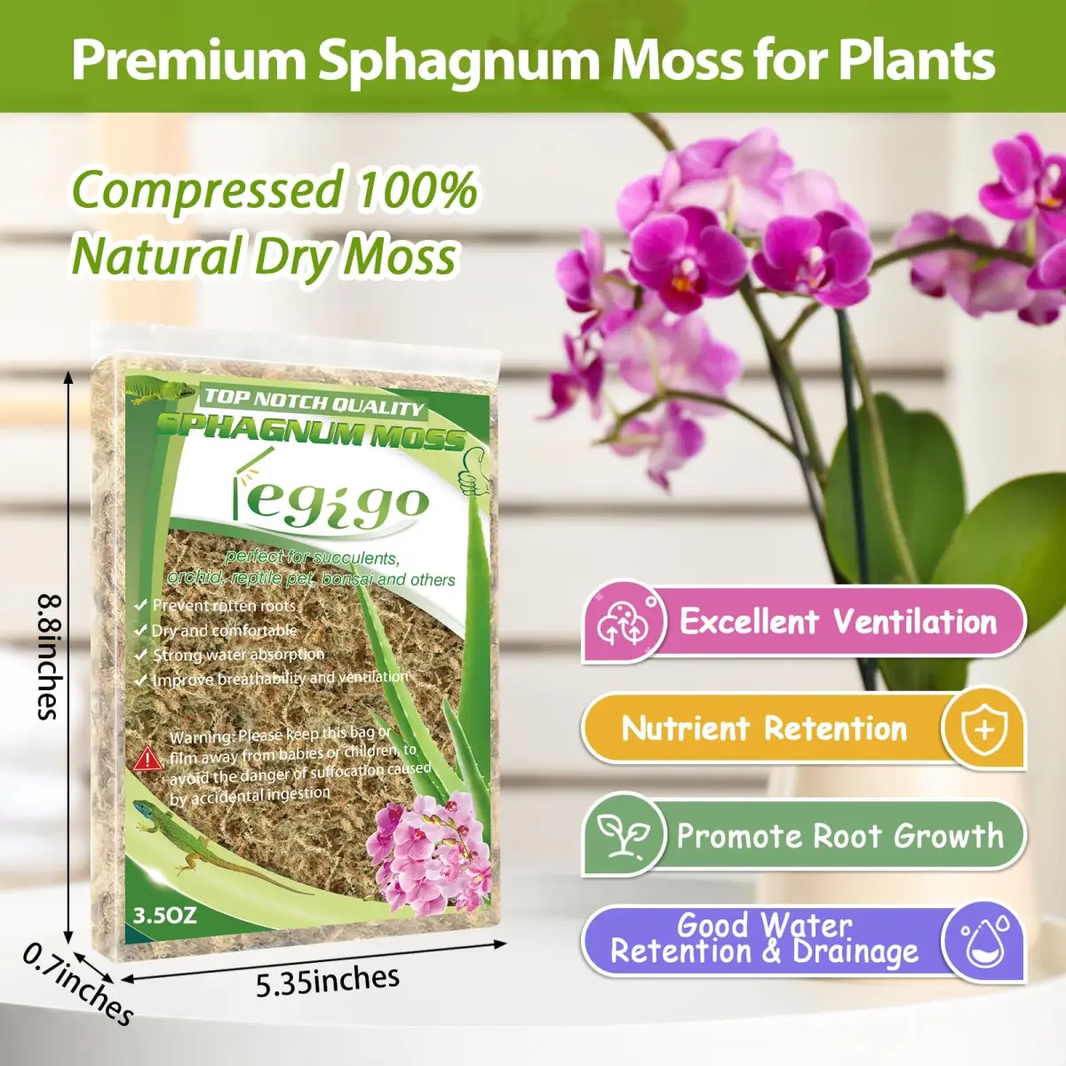 Legigo Premium Sphagnum Moss - 4 QT (3.5 oz) | Natural Long Fiber Soil for Orchids & Succulents - view 2