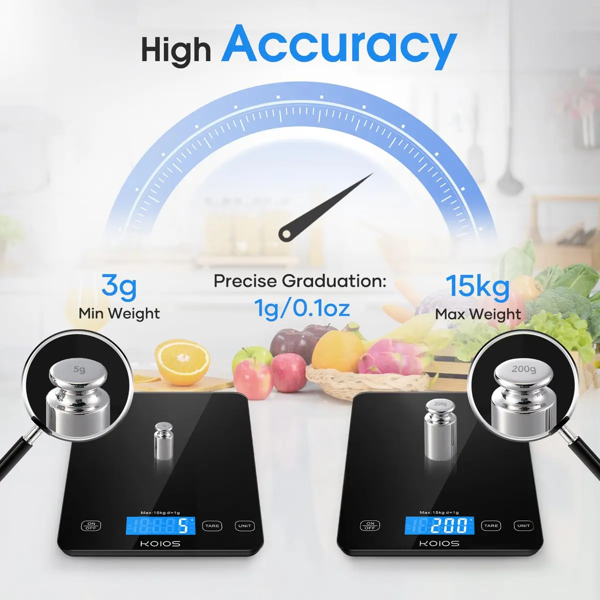 KOIOS Black 33lb (15kg) Digital Kitchen Scale | Precision Weighing for Baking & Cooking - view 3