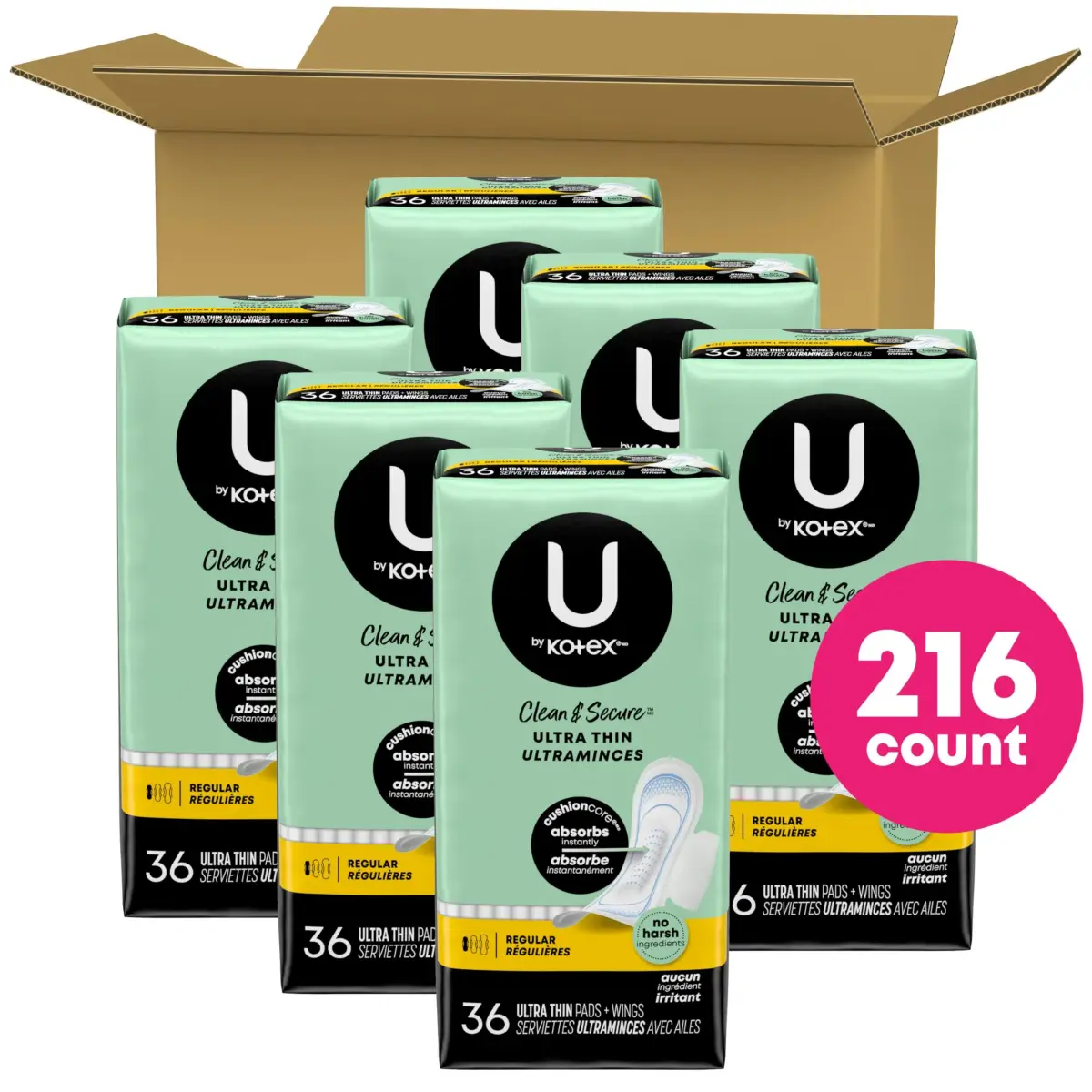 U by Kotex Clean & Secure Ultra Thin Pads with Wings, Regular Absorbency, 216 Count (6 Packs of 36) | Dermatologist Tested - view 2