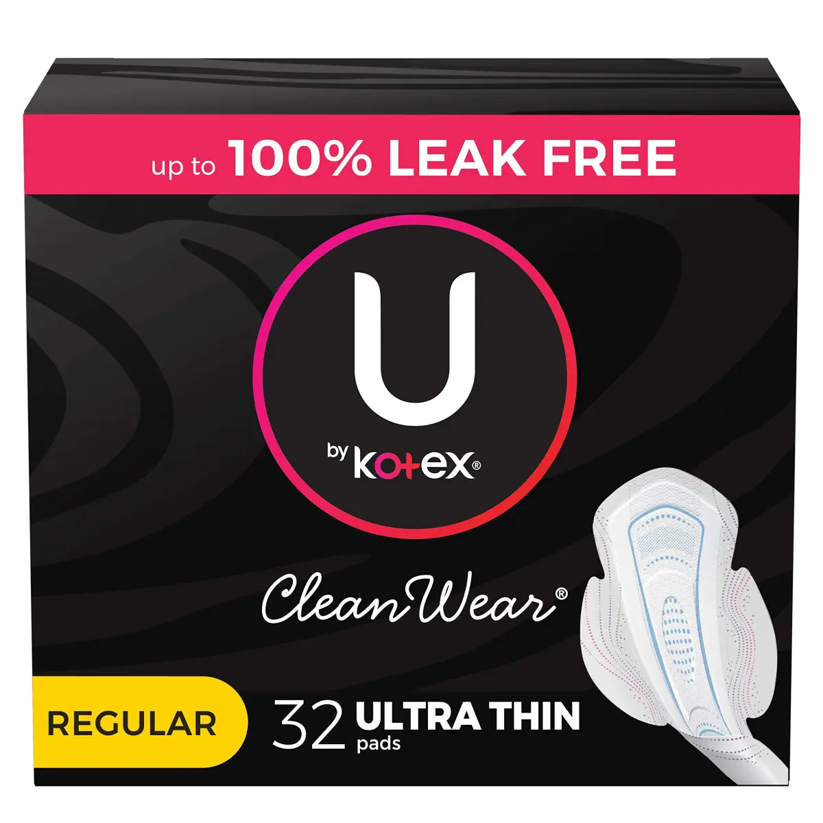 U by Kotex CleanWear Ultra Thin Feminine Pads with Wings, Regular Absorbency, 32 Count | Dermatologist Tested & Hypoallergenic - main product image