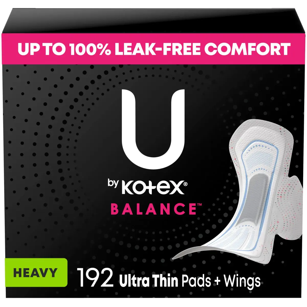U by Kotex Clean & Secure Ultra Thin Pads with Wings, Heavy Absorbency, 192 Count (6 Packs of 32) | Dermatologist Tested - main product image