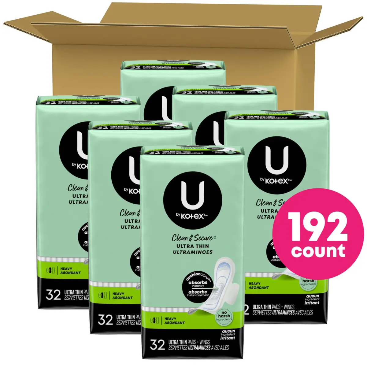 U by Kotex Clean & Secure Ultra Thin Pads with Wings, Heavy Absorbency, 192 Count (6 Packs of 32) | Dermatologist Tested - view 2