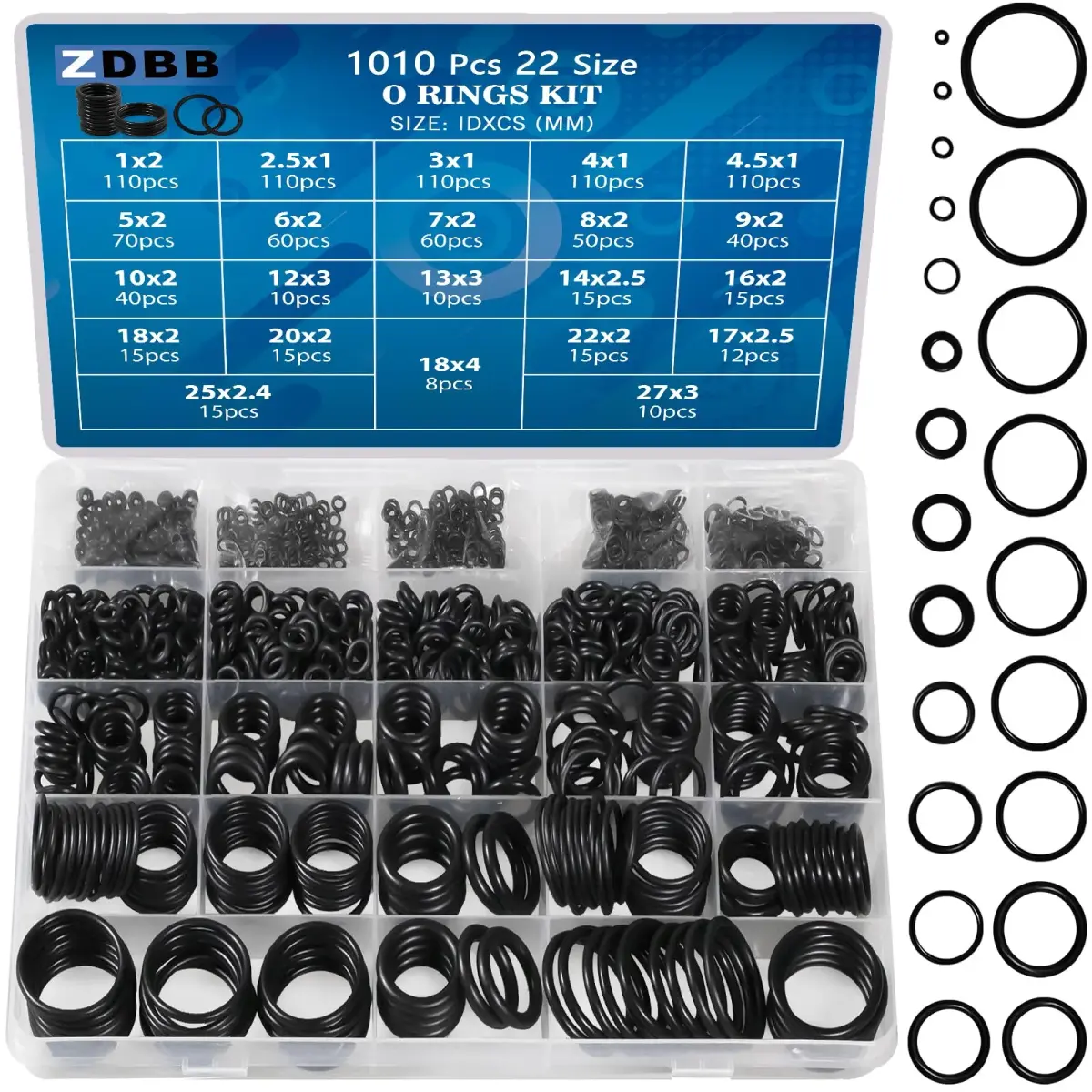 ZDBB 1010 Pcs Rubber O Ring Kit 22 Metric Sizes | Oil & Heat Resistant Nitrile Rubber Assortment - main product image