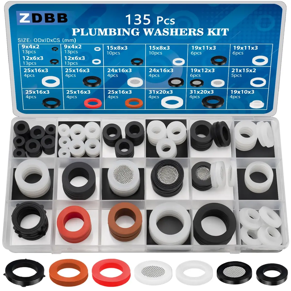 ZDBB 135 Pcs Flat Washer Assortment Kit with Silicone & Nitrile Rubber O-Rings | 2.1cm x 10.6cm x 20.7cm - main product image