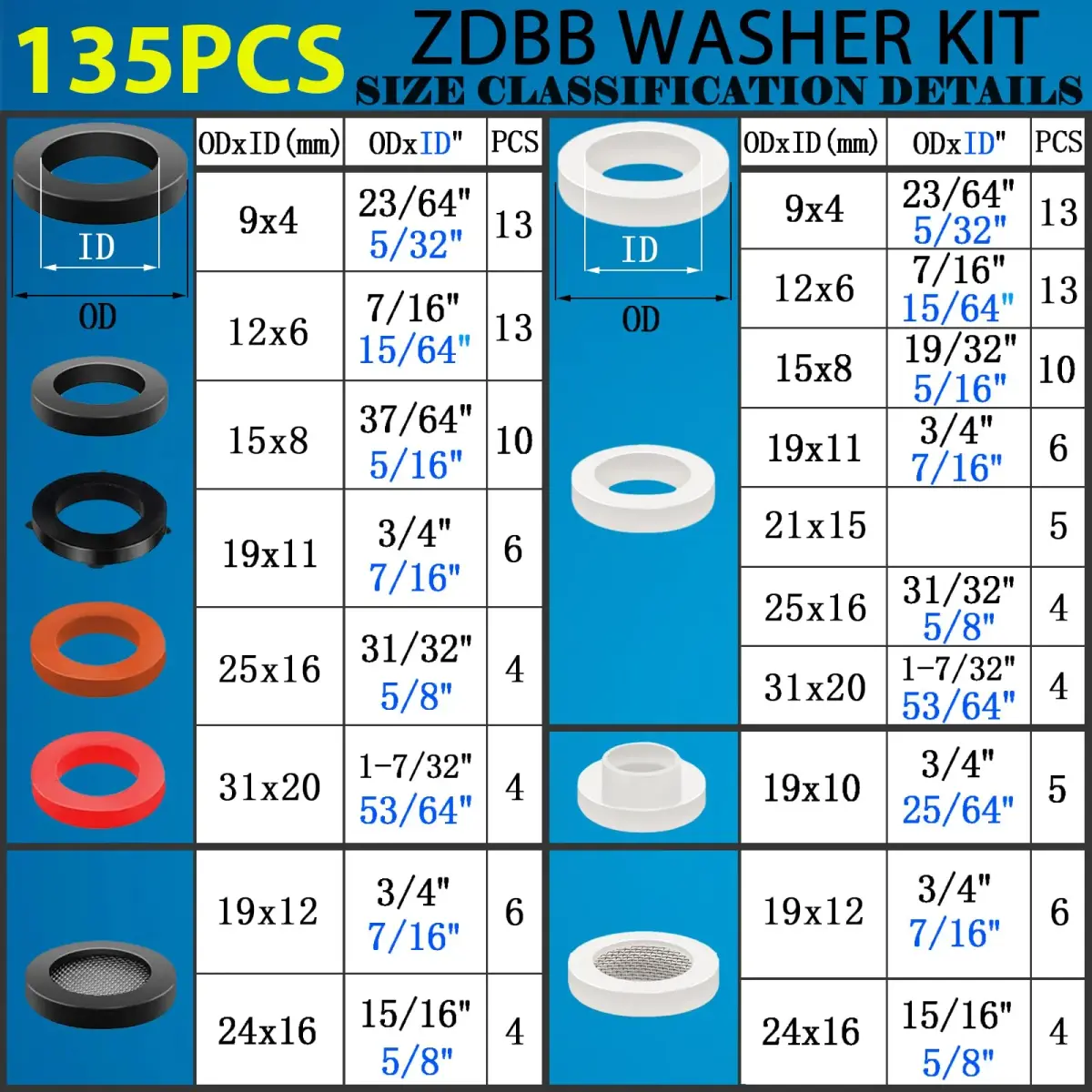 ZDBB 135 Pcs Flat Washer Assortment Kit with Silicone & Nitrile Rubber O-Rings | 2.1cm x 10.6cm x 20.7cm - view 2
