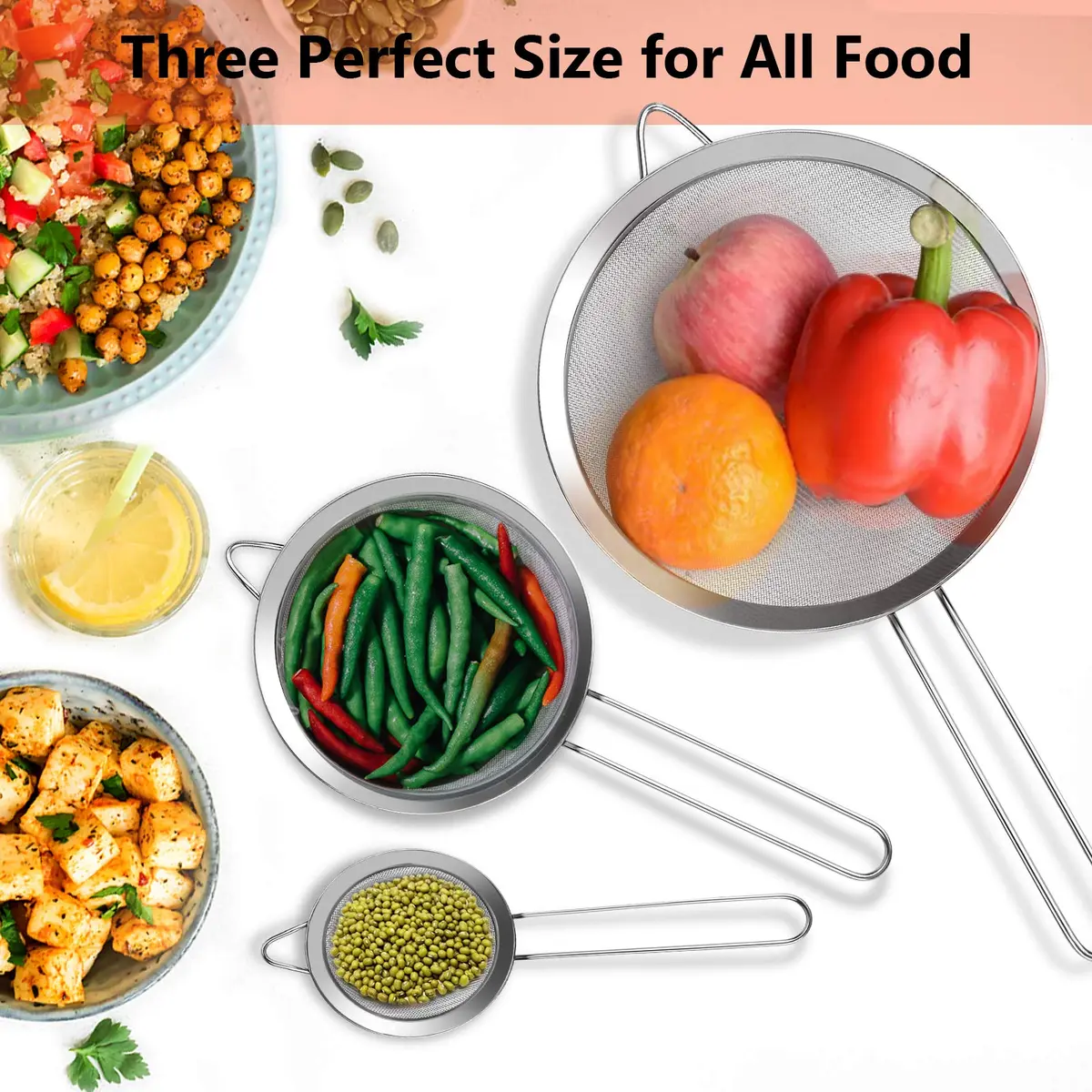 YLYL Food Strainer Set 3Pcs Stainless Steel Mesh with Handle | Fine Mesh Kitchen Sifter (20cm, 14cm, 8cm) - view 5