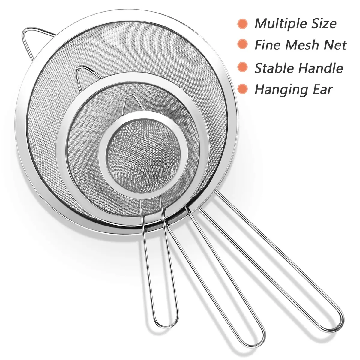 YLYL Food Strainer Set 3Pcs Stainless Steel Mesh with Handle | Fine Mesh Kitchen Sifter (20cm, 14cm, 8cm) - view 6